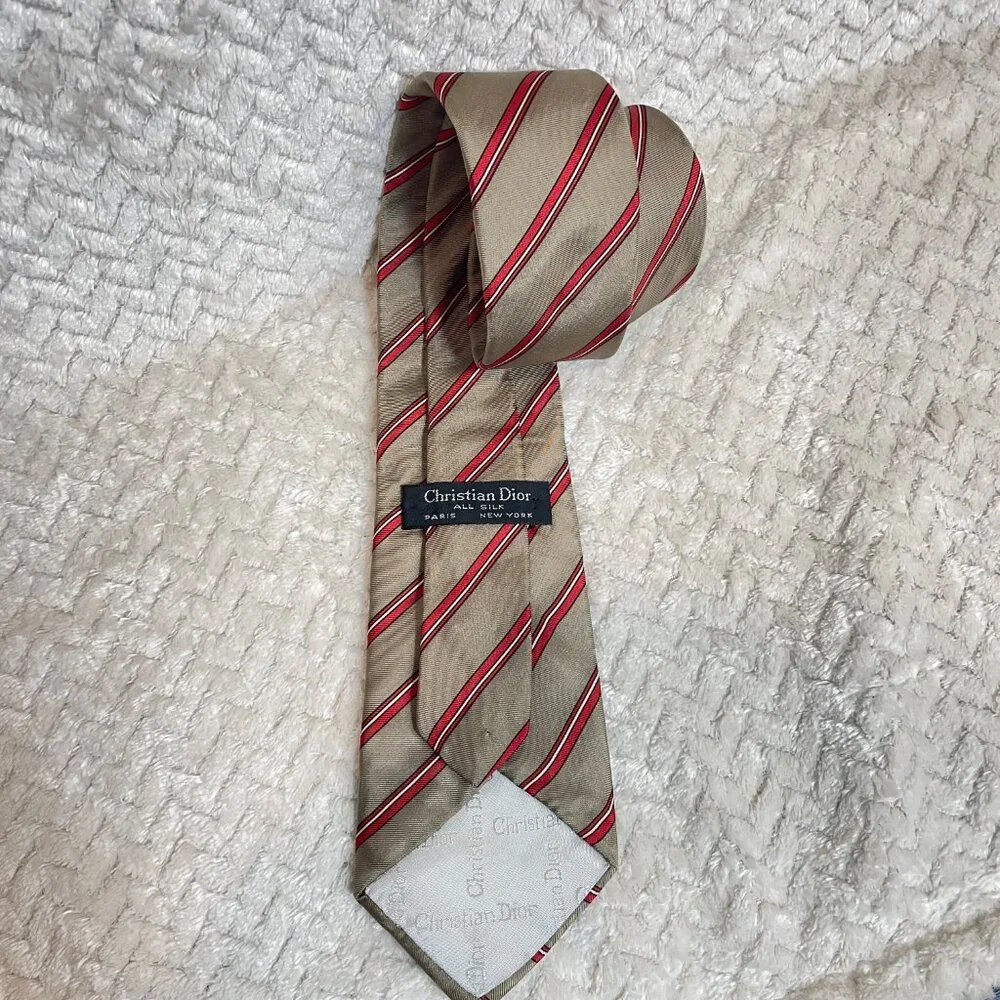 Vintage Christian Dior All Silk‎ Tie Tan Red Stripes Classic Preppy Academia